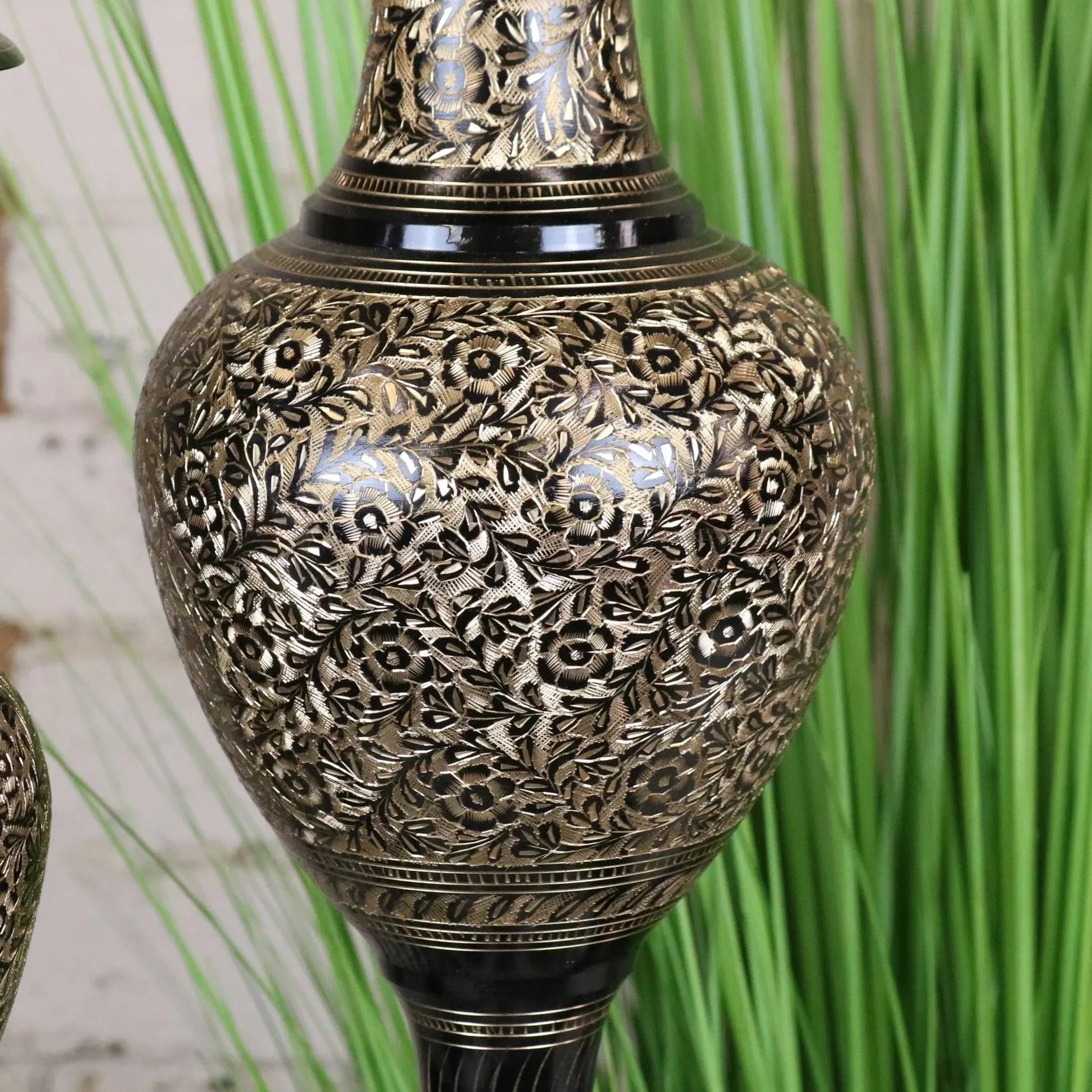 Set of 2 Black Etched Brass Vases 40cm and 50cm