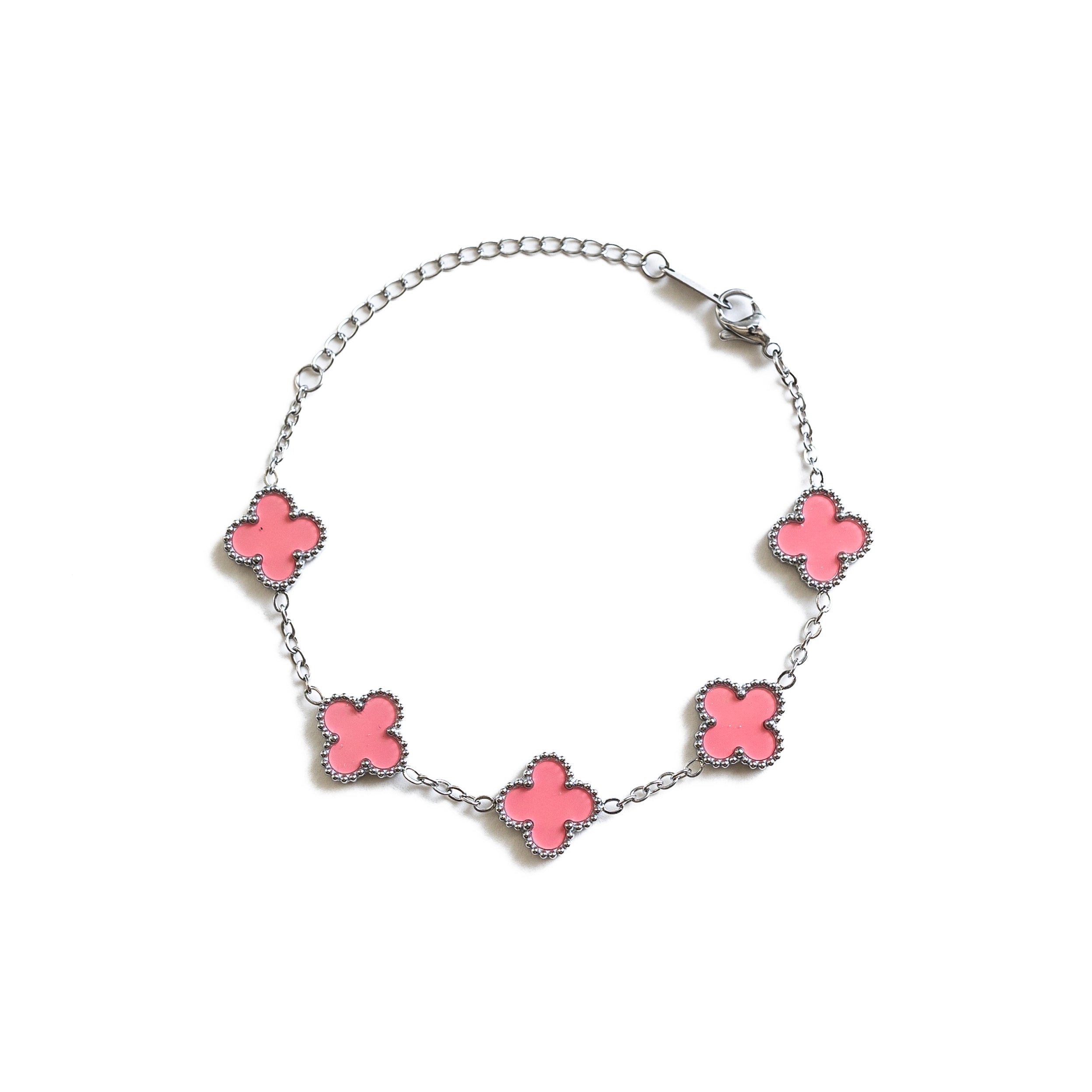 Silver Clover Bracelet (Baby Pink)