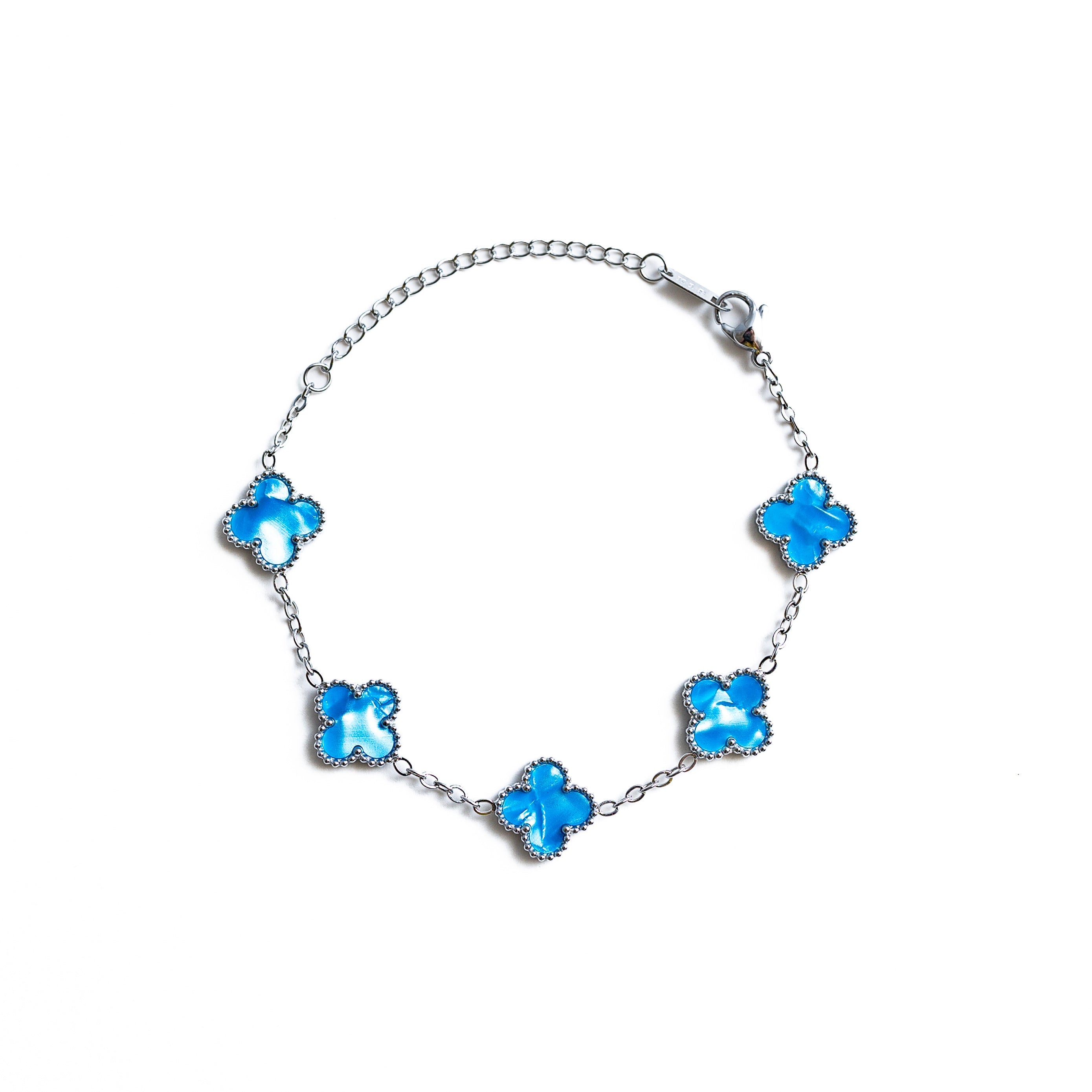 Silver Pearl Clover Bracelet (Blue)