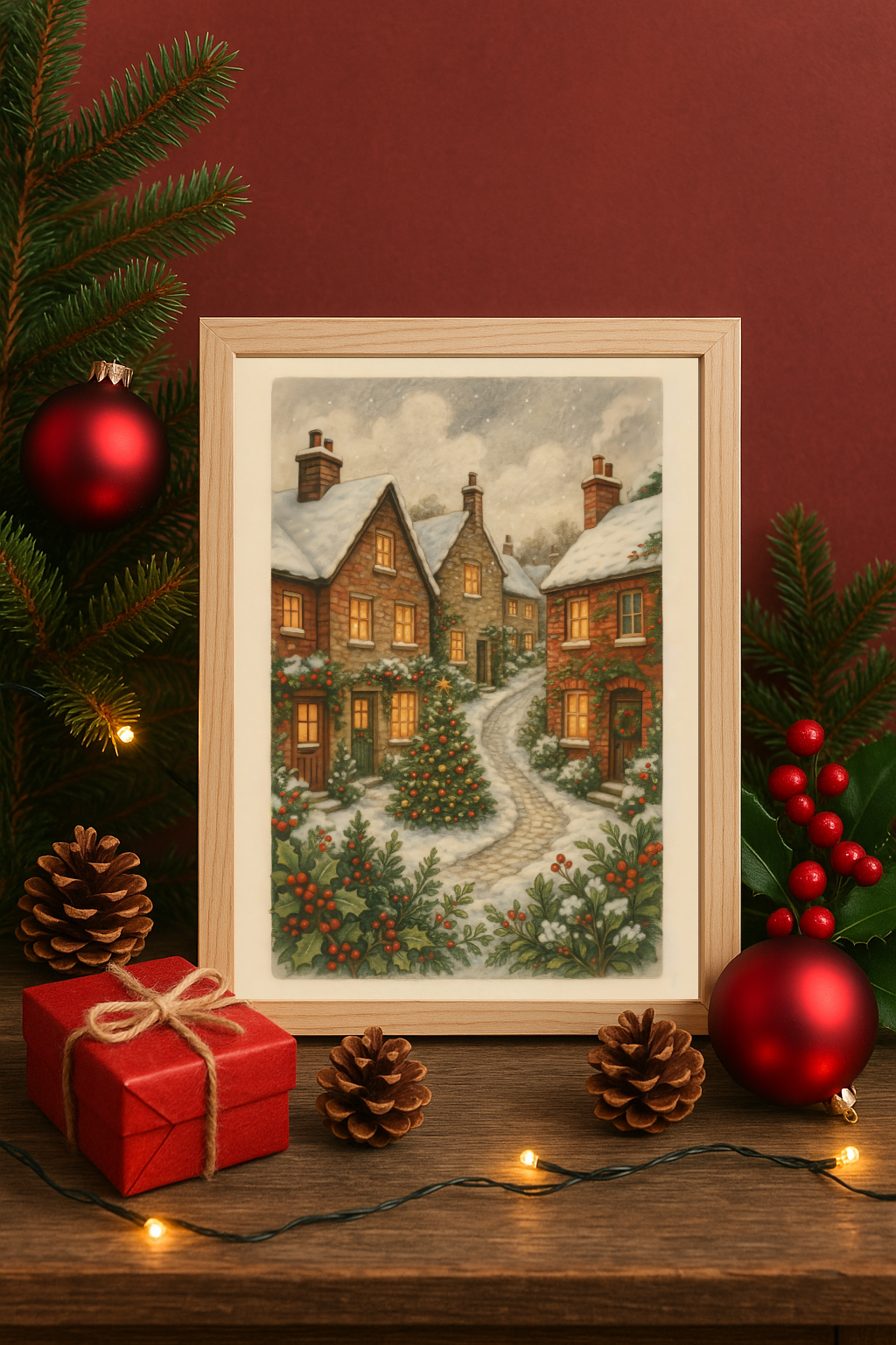 Snowy Holiday Cottages with Festive Tree Print Christmas Village Street Wall Art