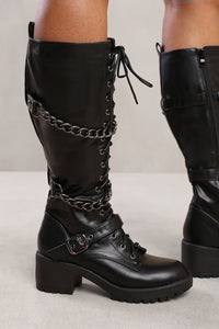 ROCKY CALF LACE UP BOOT WITH DOUBLE CHAIN DESIGN IN BLACK FAUX LEATHER
