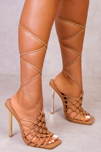 GRACIE PU HIGH HEELS WITH KNOTTED STRAP DETAIL IN CARAMEL MOCHA FAUX LEATHER