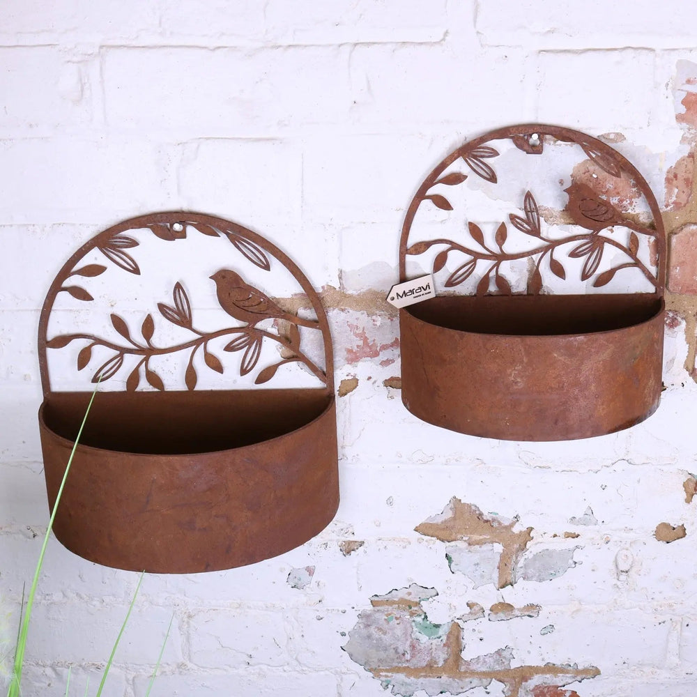 Tanu Rustic Wall Mounted Metal Planter Set with Bird Cut-Outs