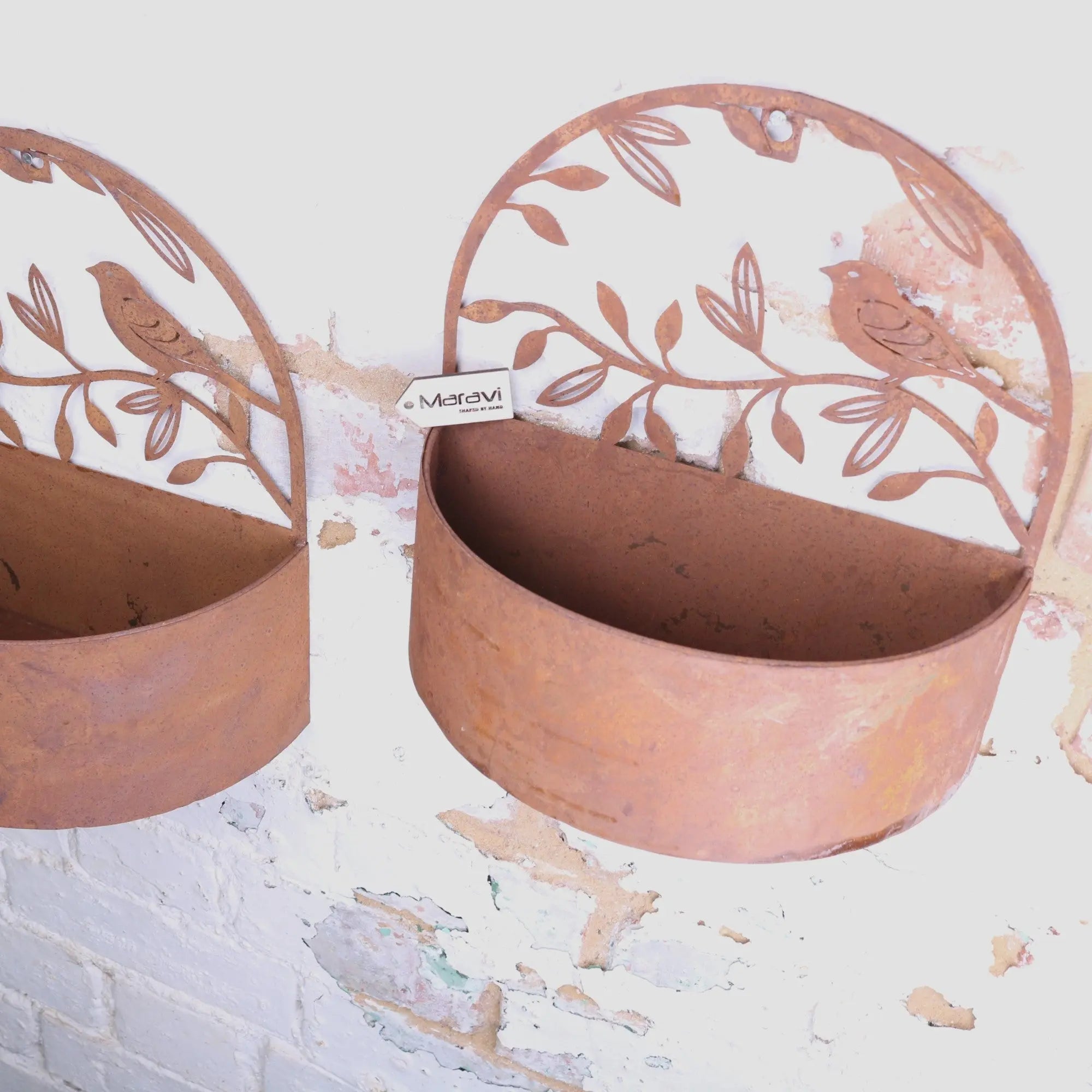 Tanu Rustic Wall Mounted Metal Planter Set with Bird Cut-Outs