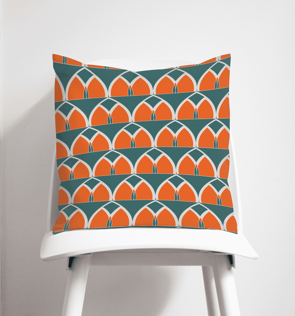 Teal and Orange Geometric Arches Design Cushion, Throw Pillow
