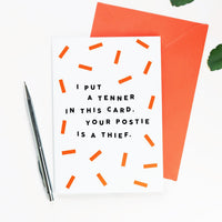 Cheeky Birthday Card - Your Postie Is A Thief by Neonfetti