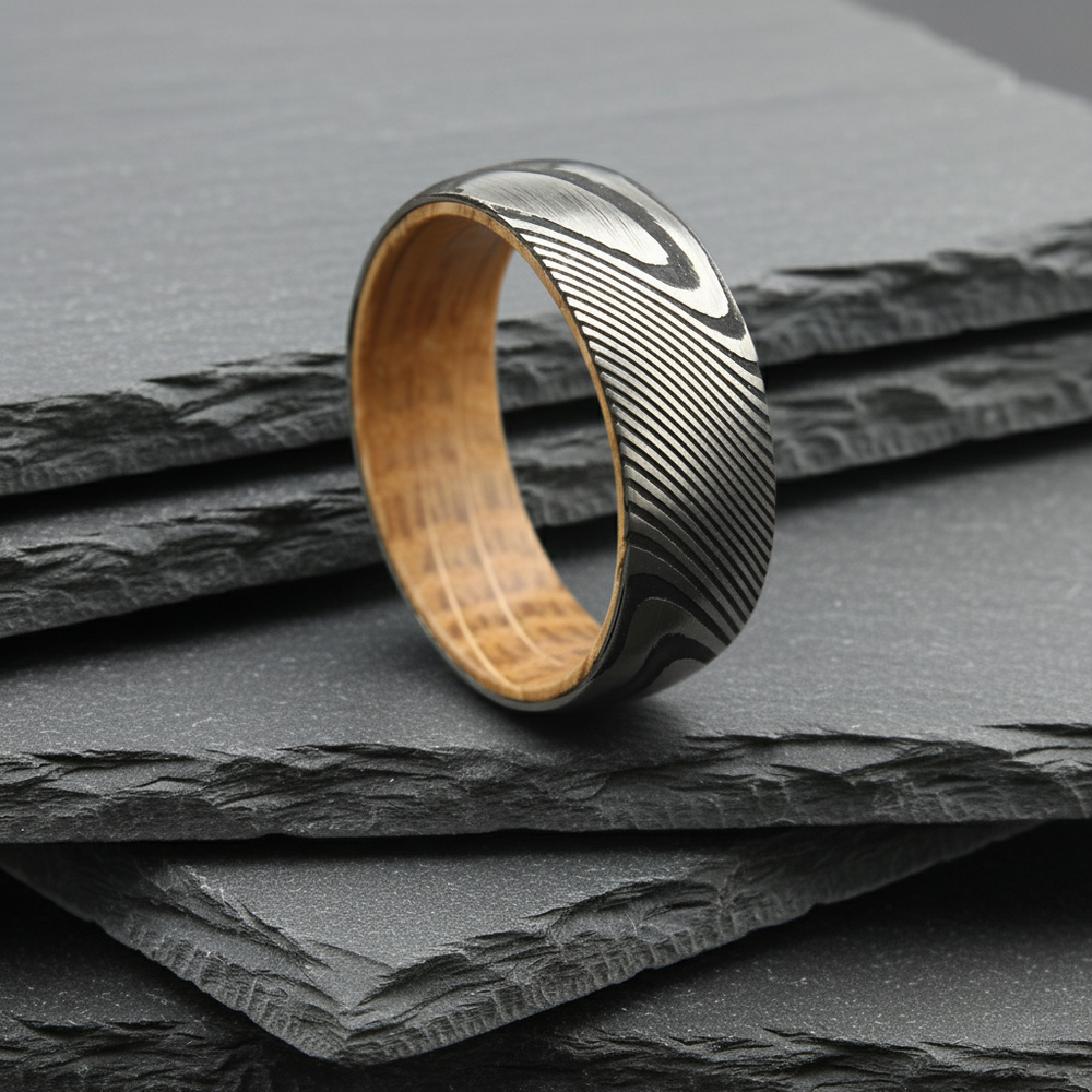 The Centaurus - 8mm Damascus Steel & Whisky Barrel Wood Ring