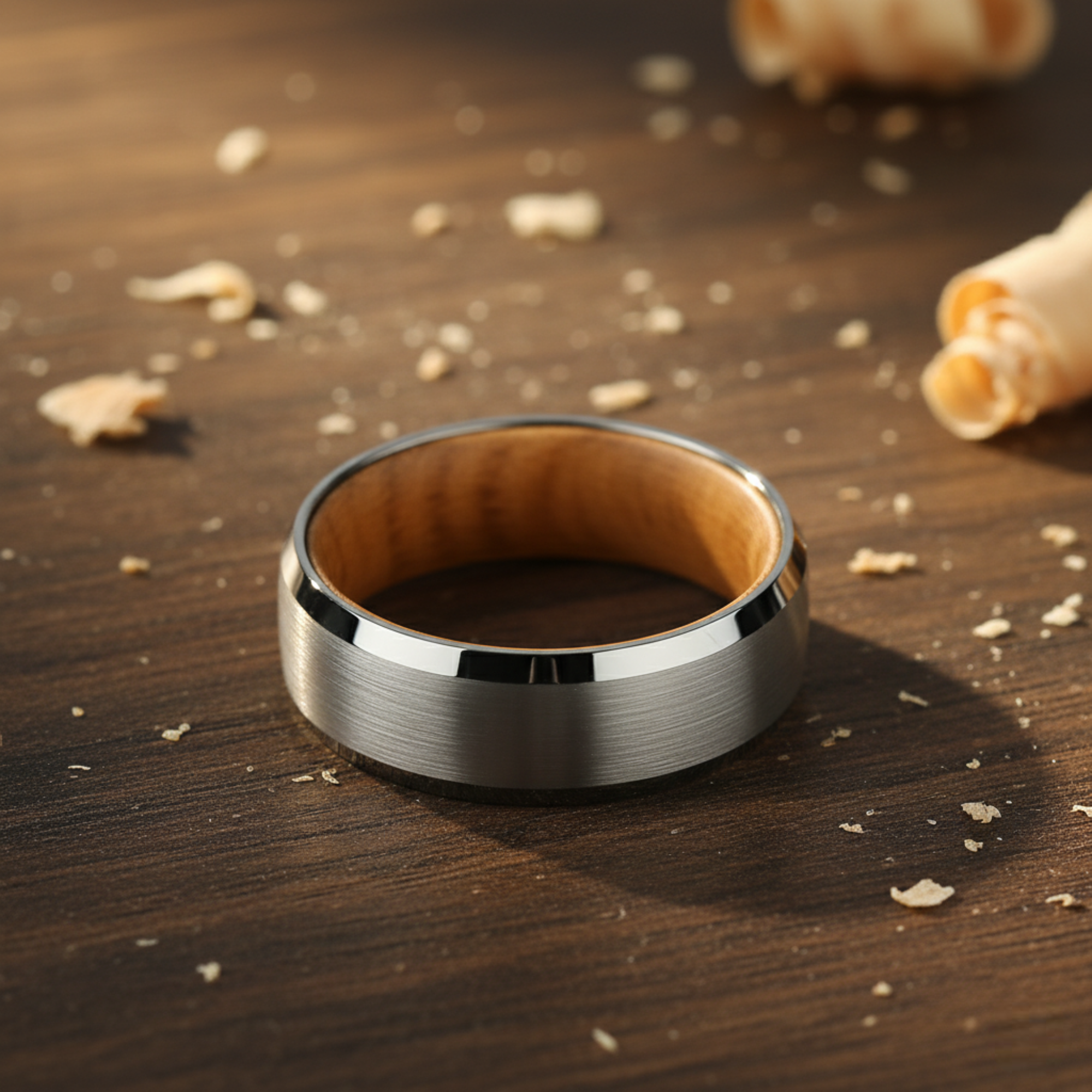 The Draco - 8mm Brushed Tungsten Bevelled Edge & Whisky Barrel Wood Ring