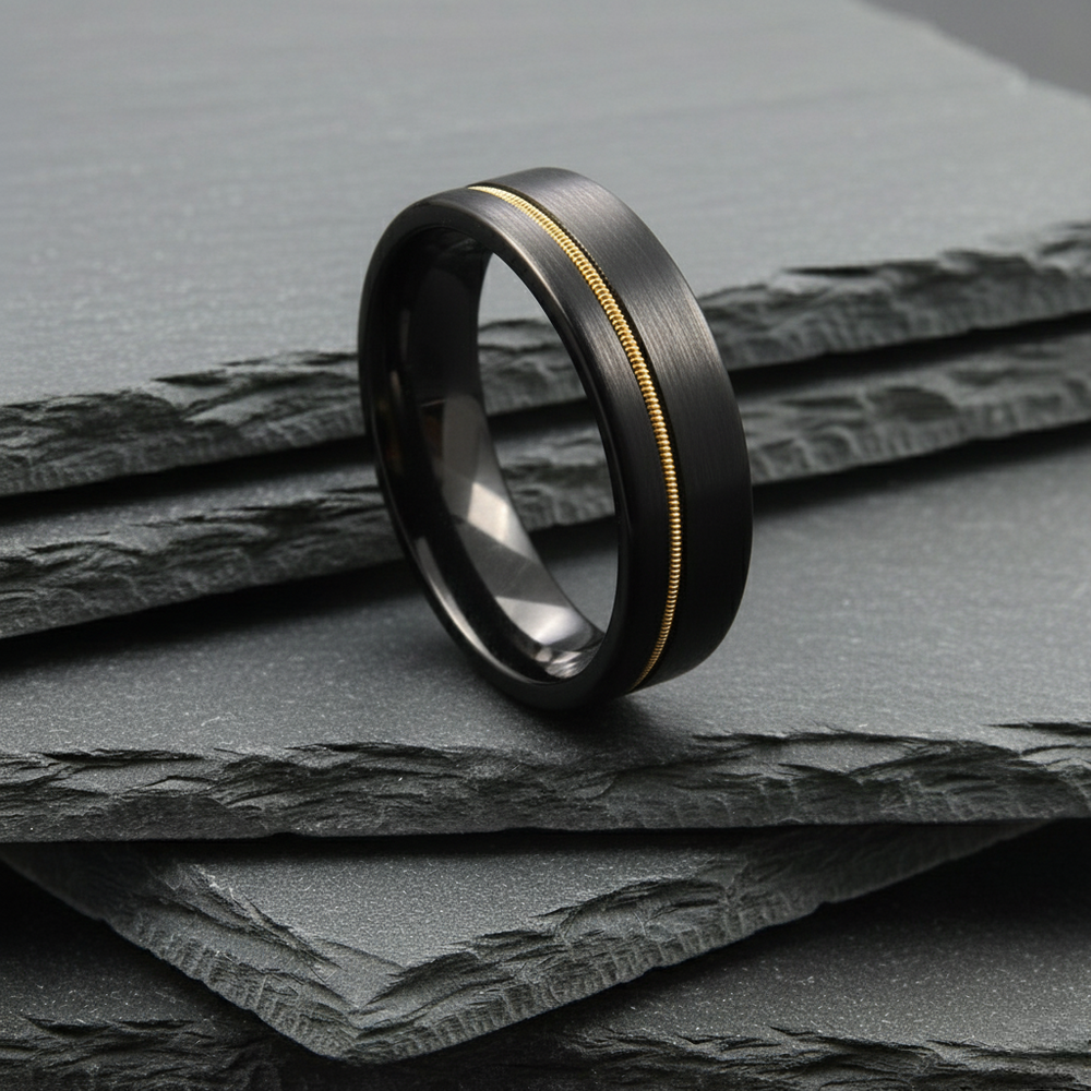 The Rigel - 6mm Black Brushed Tungsten & Guitar String Inlay Ring