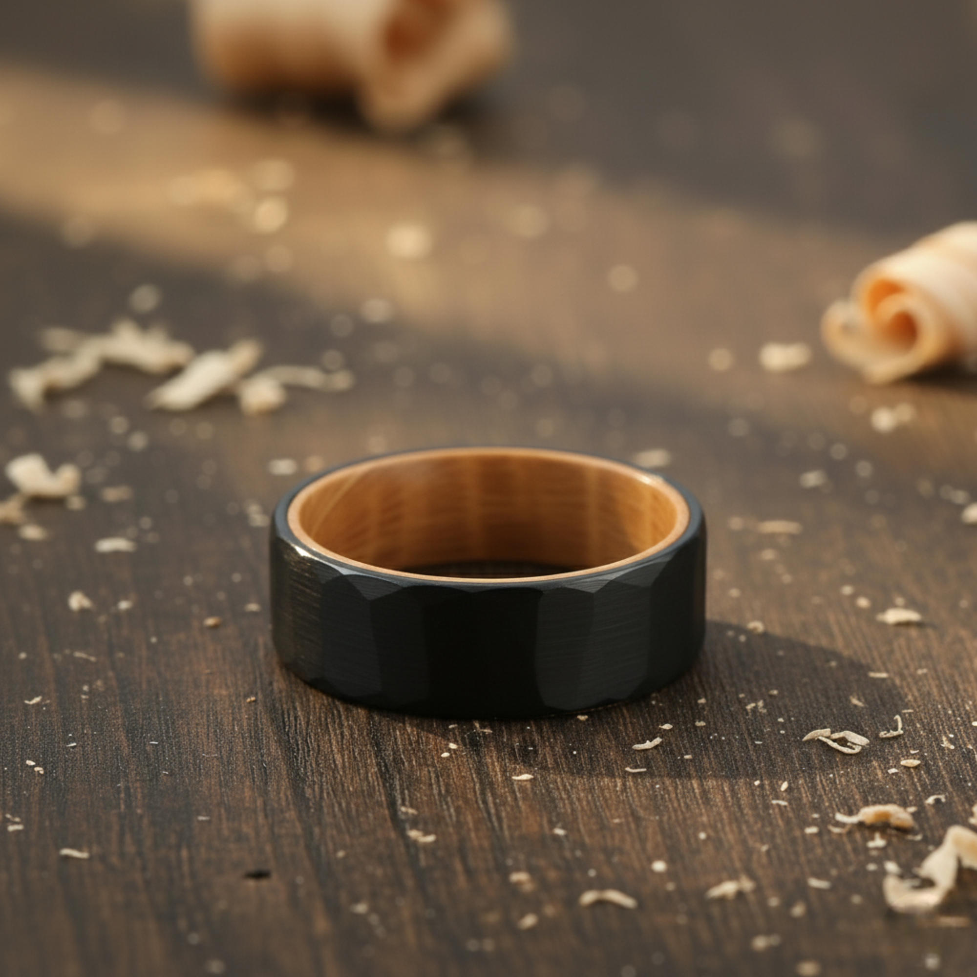 The Vega - 8mm Black Brushed Hammered Tungsten & Whisky Barrel Wood Ring