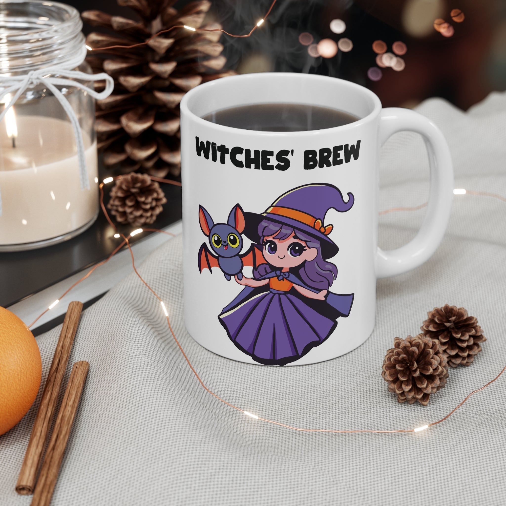 Witches Brew – Cute Witch & Bat Halloween mug