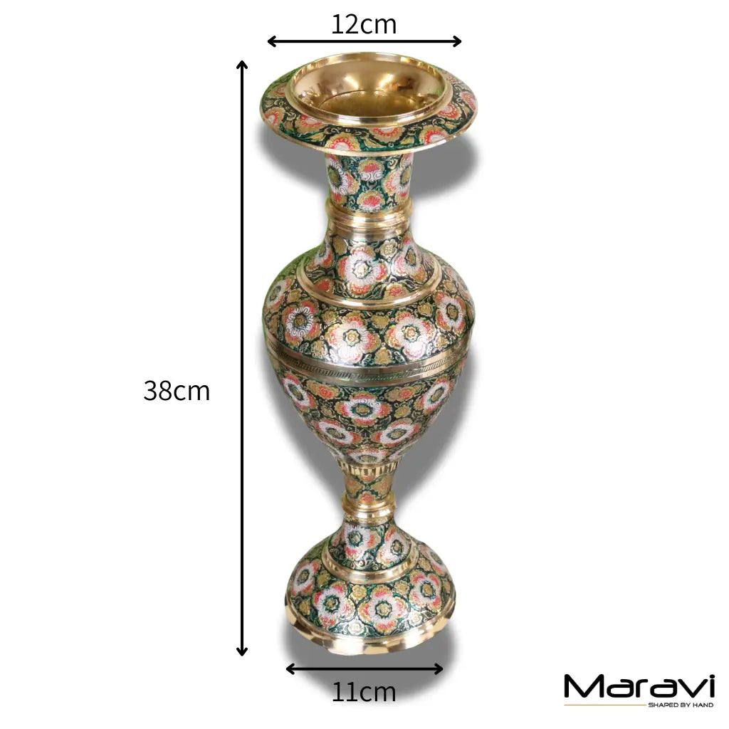 Vintage Brass Vase Pair 38cm Hand Painted and Etched