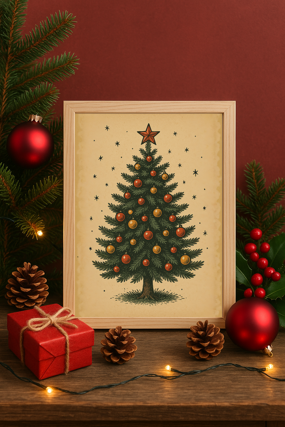 Vintage Christmas Tree Wall Art Festive Holiday Evergreen with Ornaments Print
