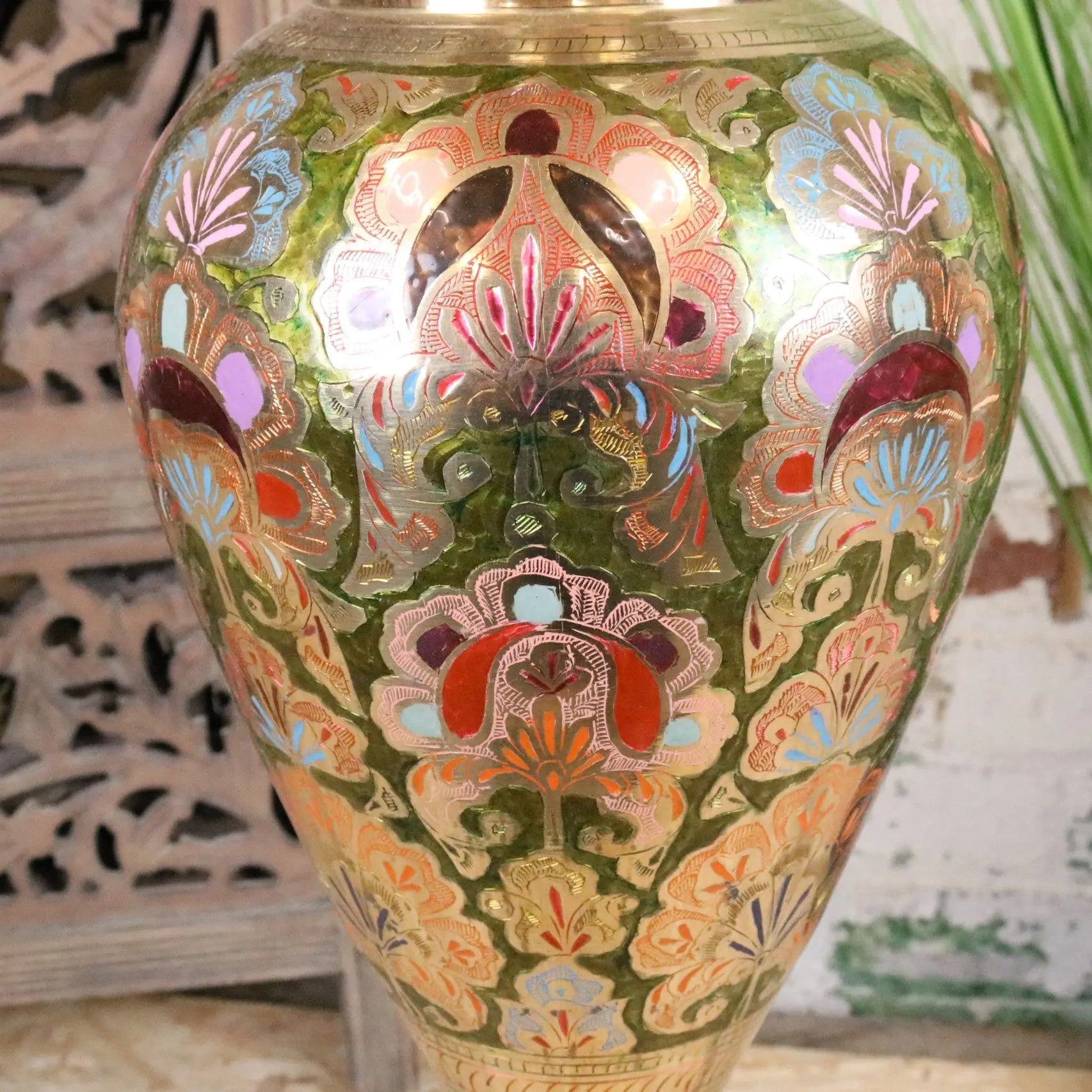 Vintage 92cm Hand Painted Brass Vase with Intricate Detailing in Pink and Green