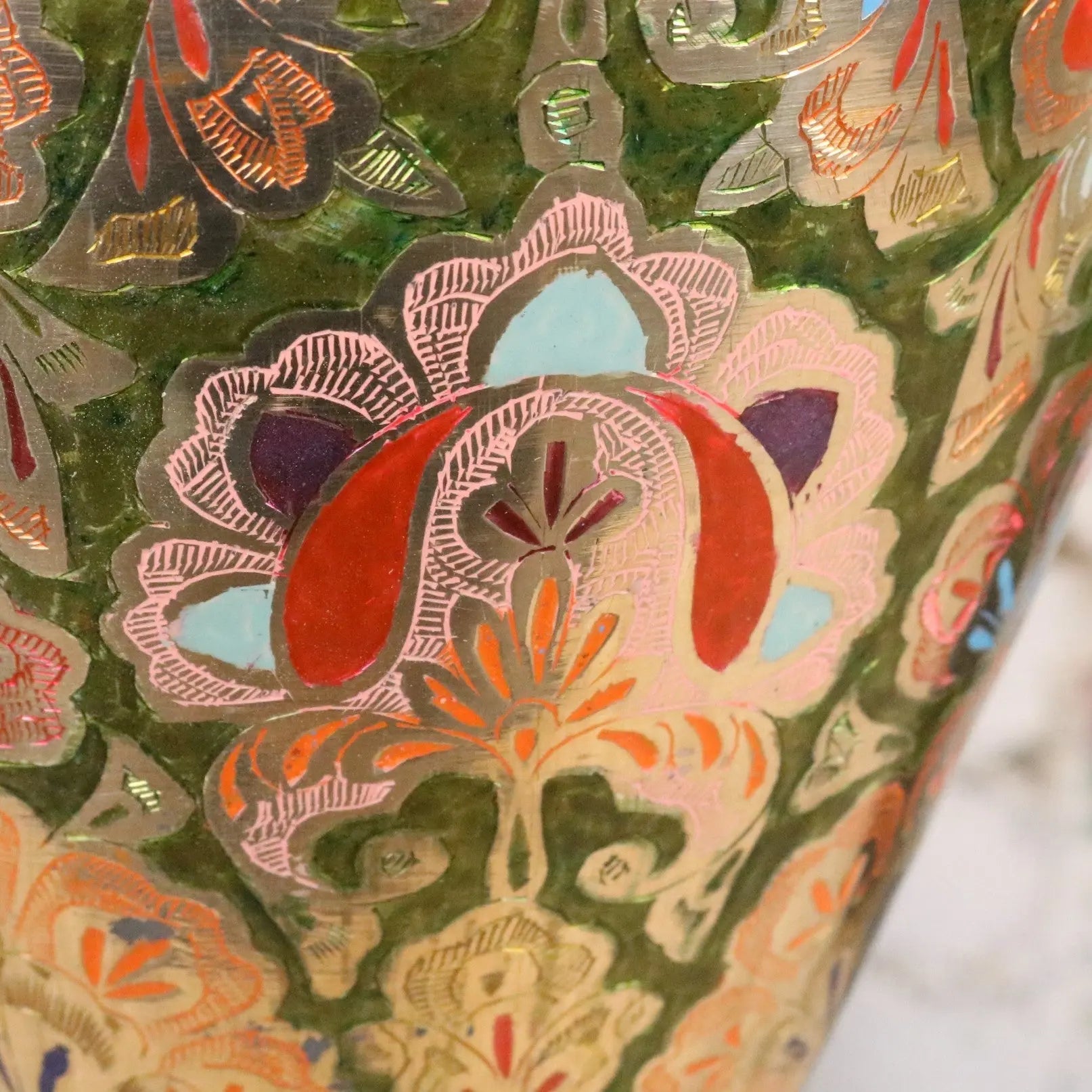 Vintage 92cm Hand Painted Brass Vase with Intricate Detailing in Pink and Green