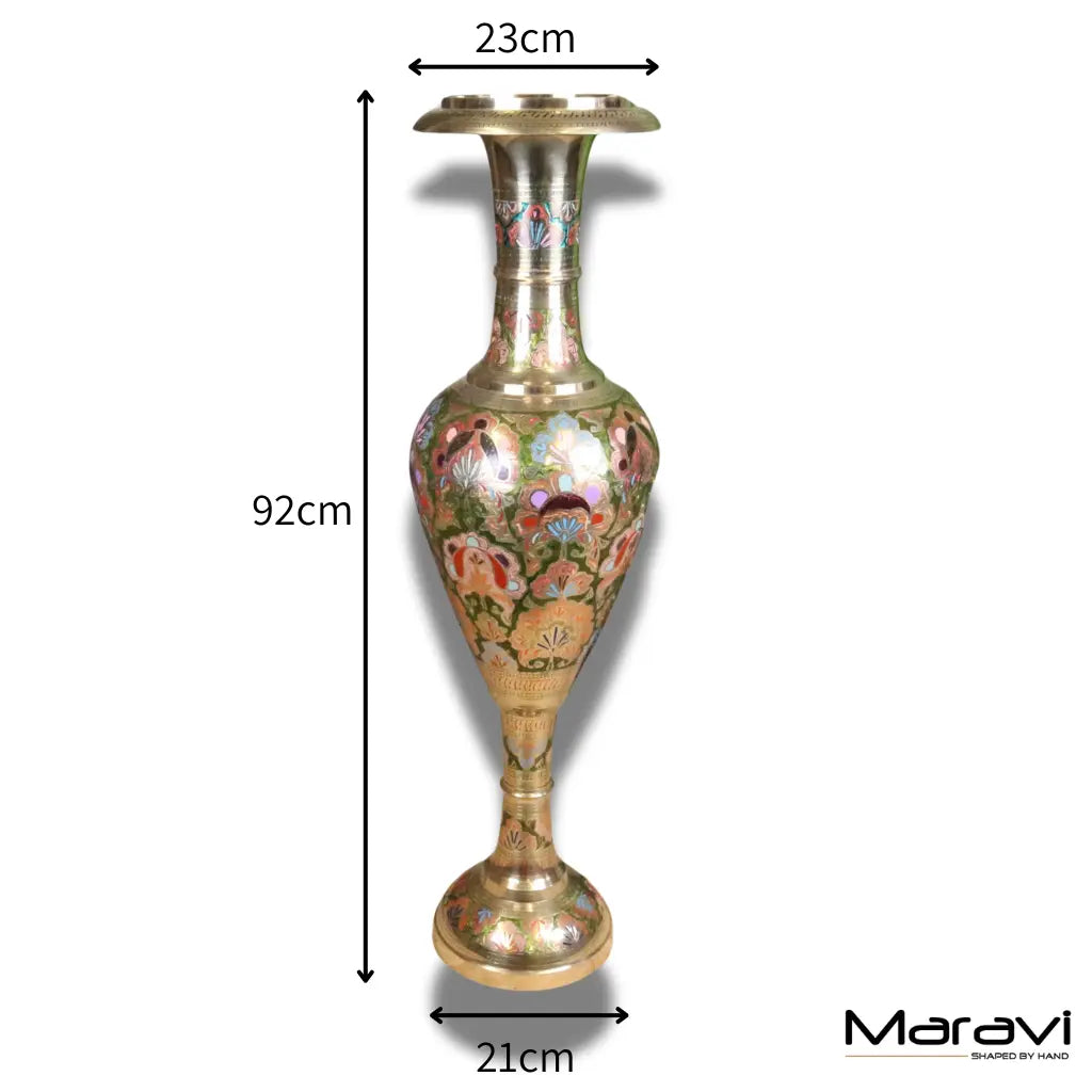 Vintage 92cm Hand Painted Brass Vase with Intricate Detailing in Pink and Green