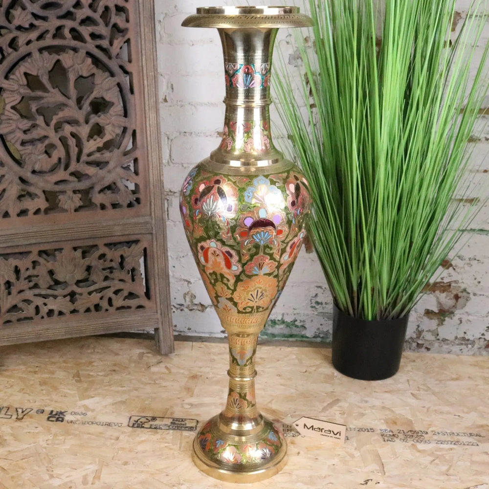 Vintage 92cm Hand Painted Brass Vase with Intricate Detailing in Pink and Green