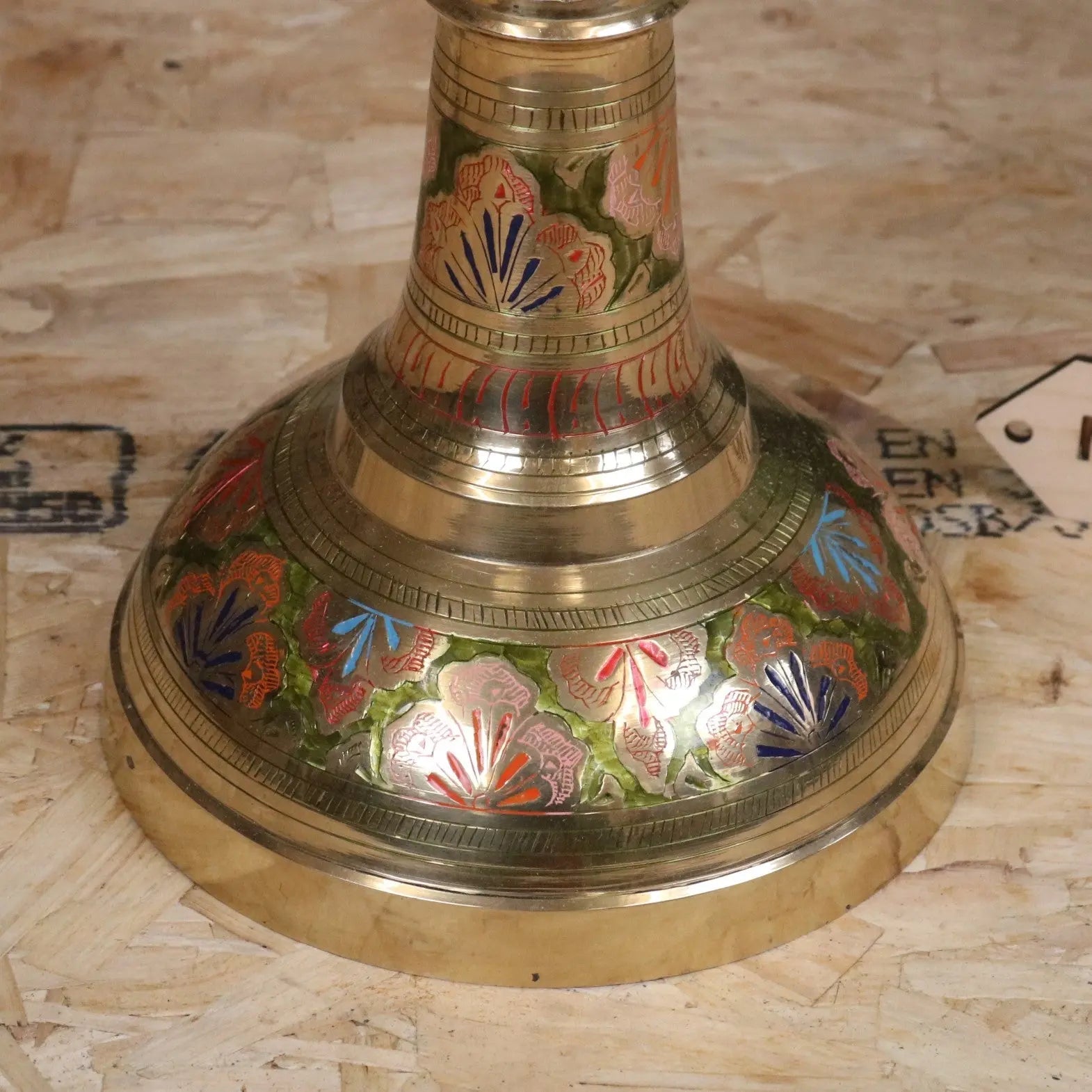 Vintage 92cm Hand Painted Brass Vase with Intricate Detailing in Pink and Green