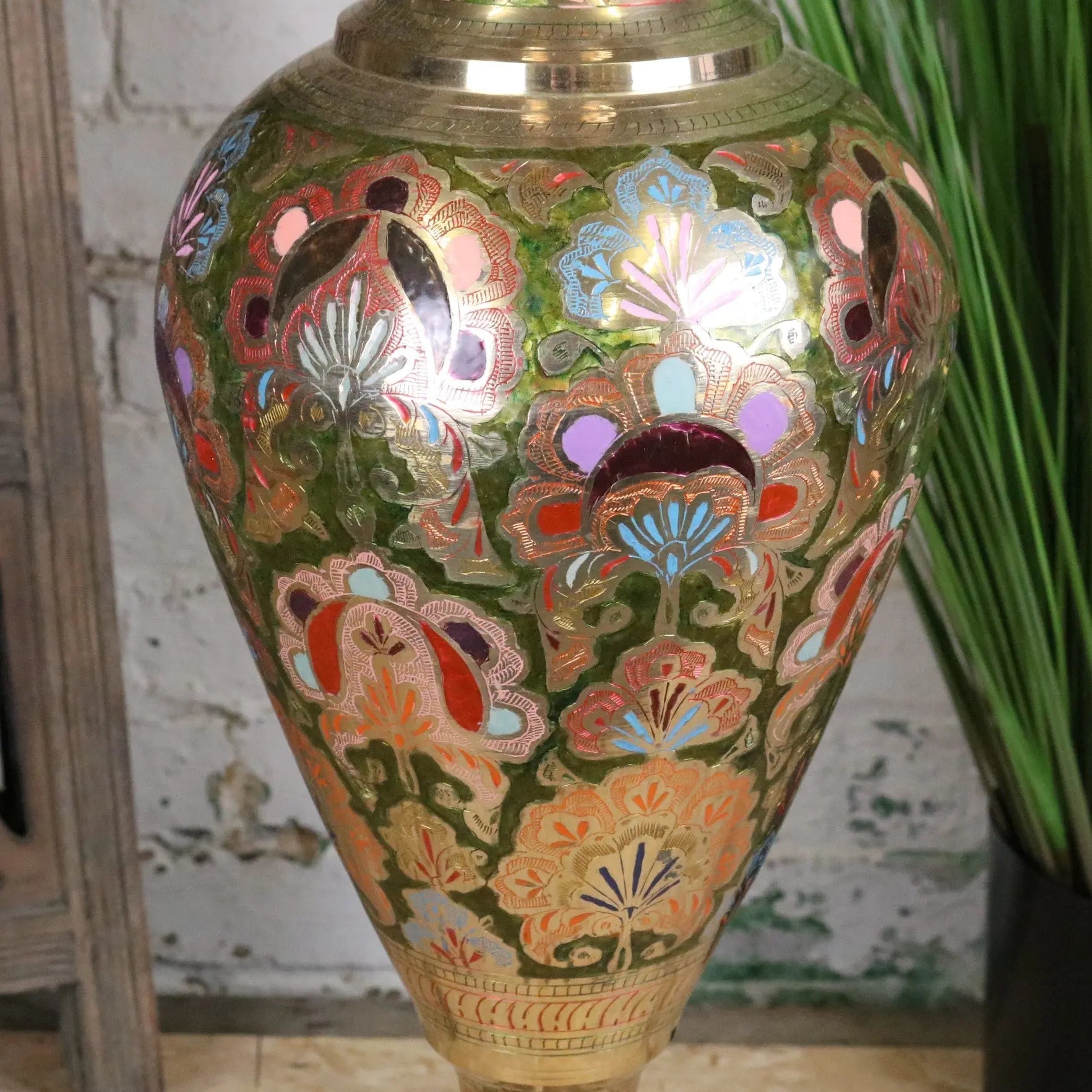 Vintage 92cm Hand Painted Brass Vase with Intricate Detailing in Pink and Green