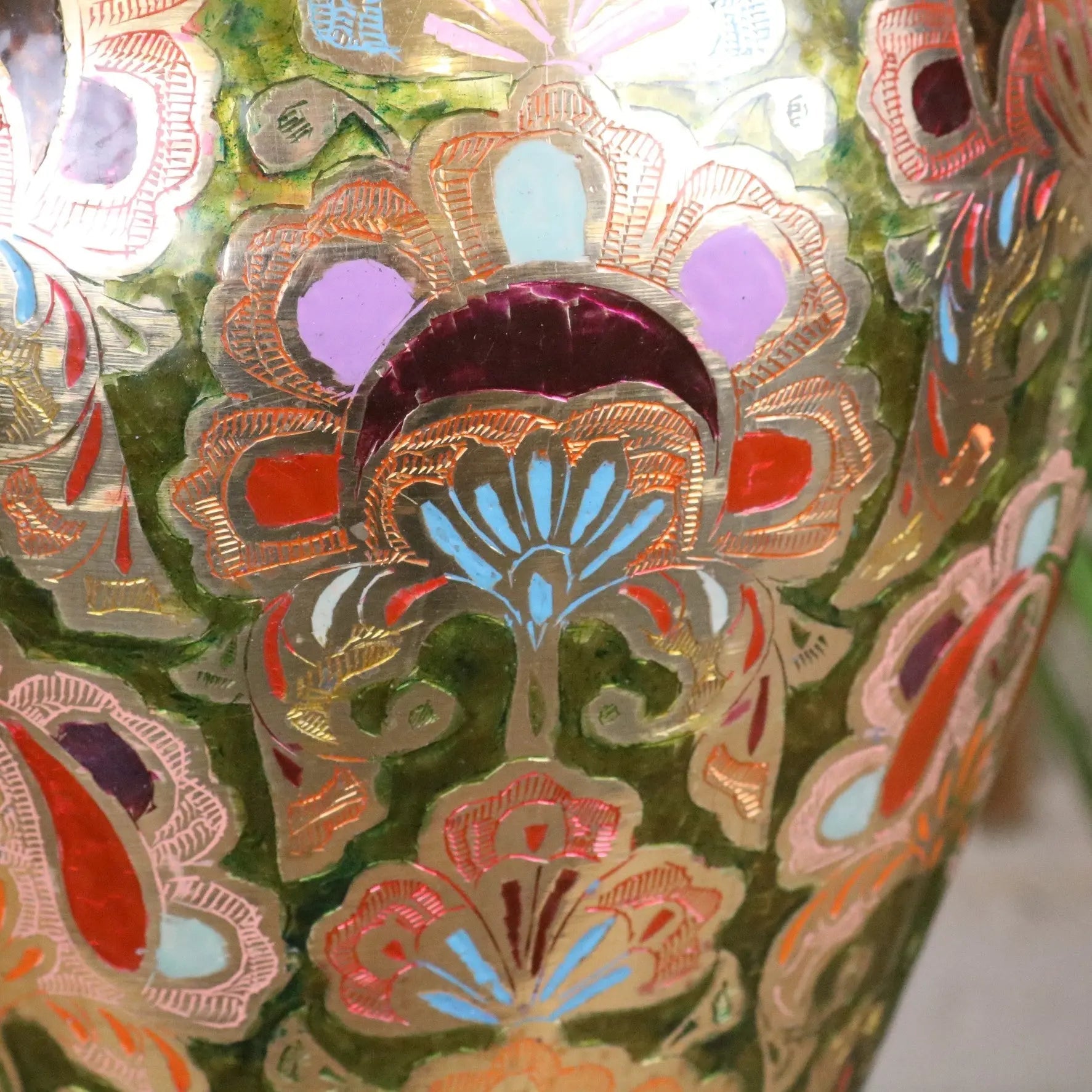 Vintage 92cm Hand Painted Brass Vase with Intricate Detailing in Pink and Green