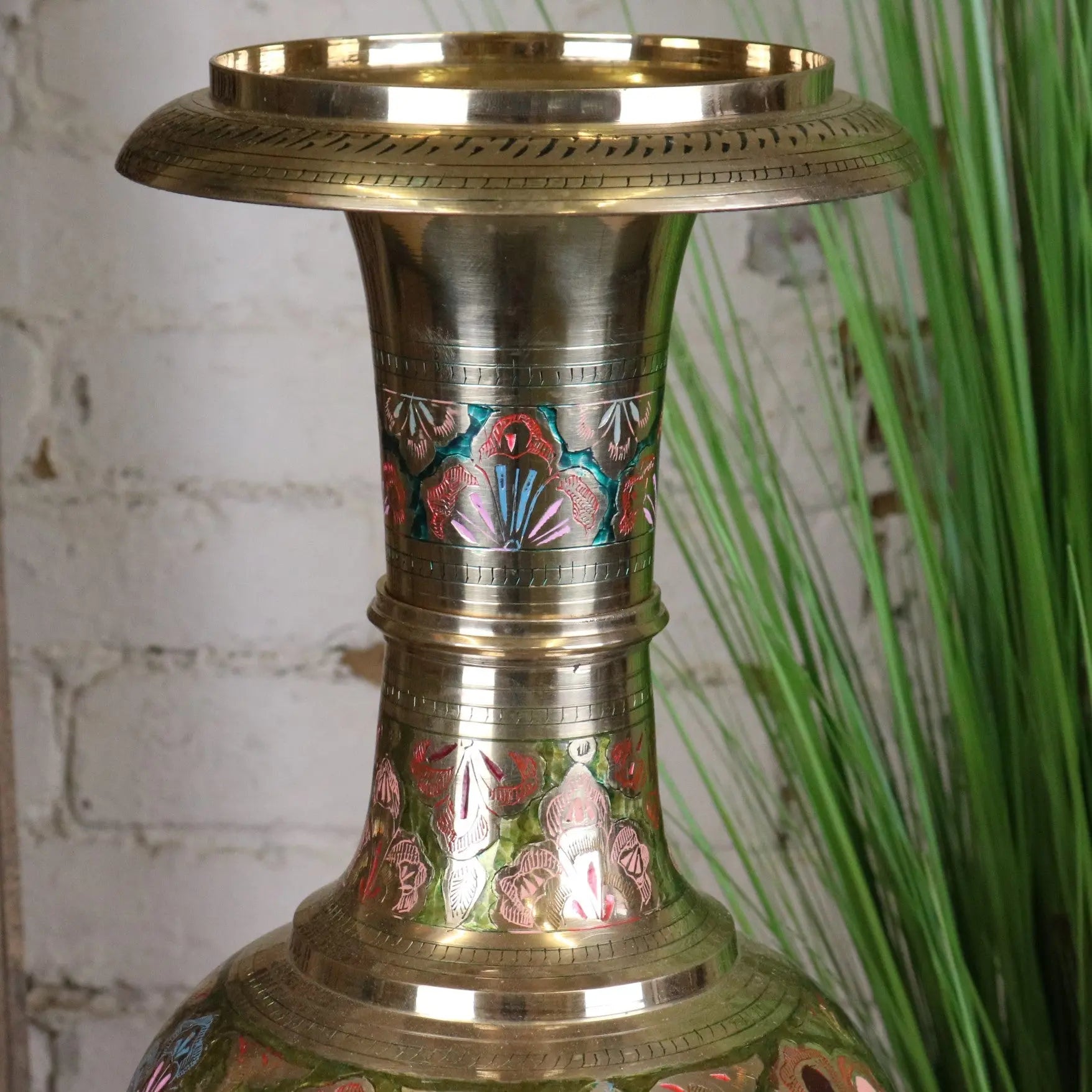 Vintage 92cm Hand Painted Brass Vase with Intricate Detailing in Pink and Green
