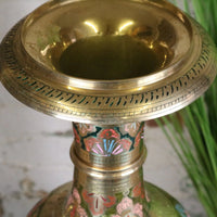 Vintage 92cm Hand Painted Brass Vase with Intricate Detailing in Pink and Green