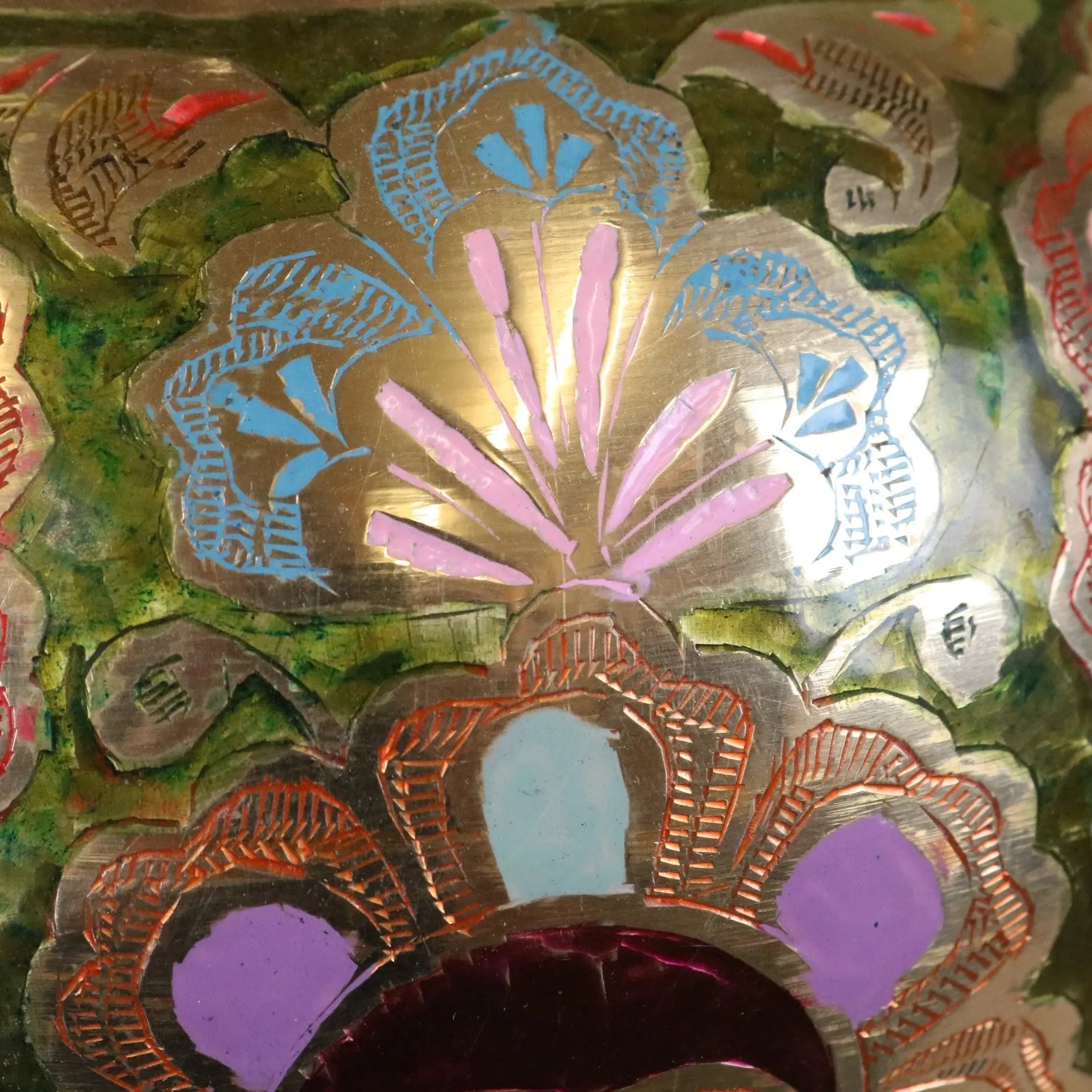 Vintage 92cm Hand Painted Brass Vase with Intricate Detailing in Pink and Green