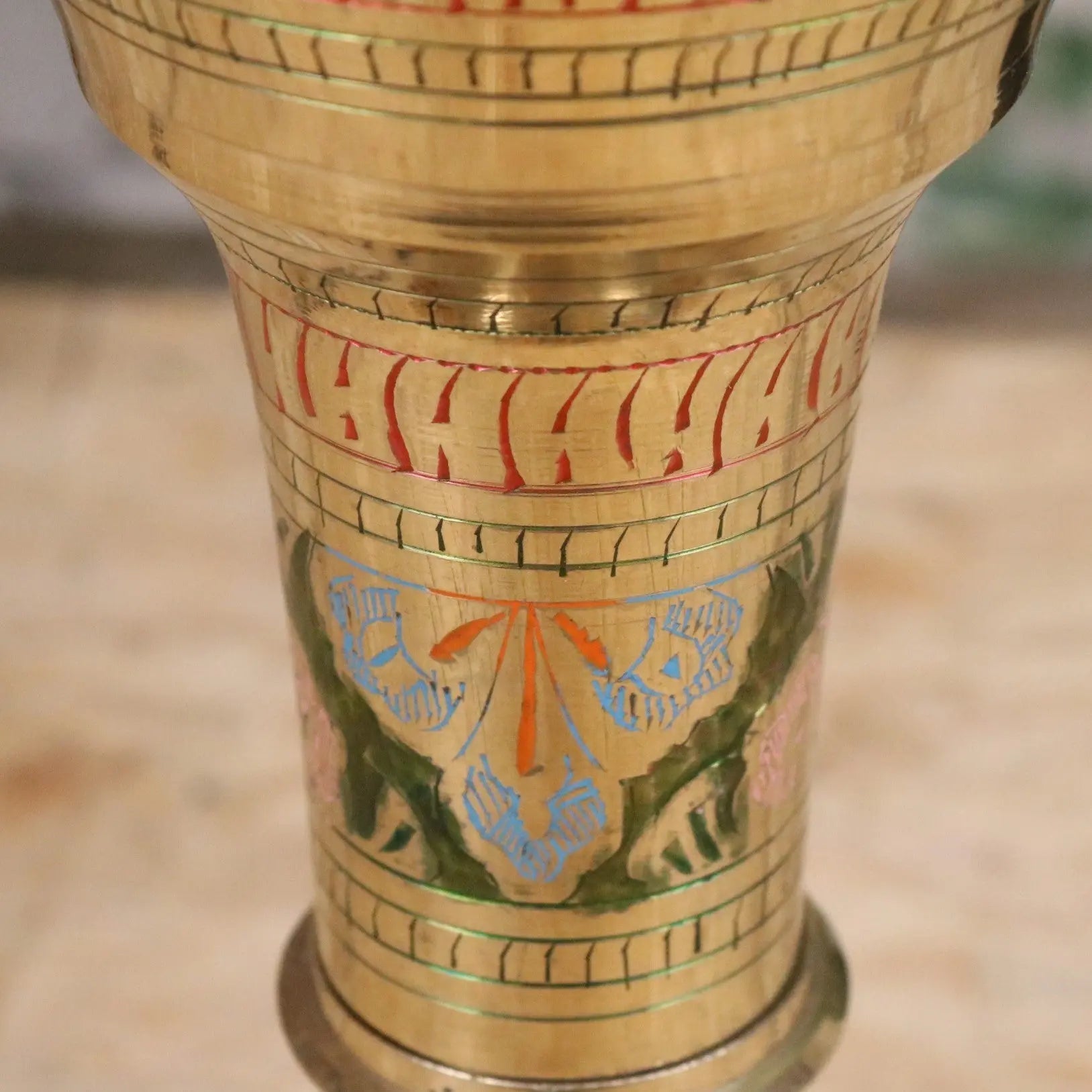 Vintage 92cm Hand Painted Brass Vase with Intricate Detailing in Pink and Green