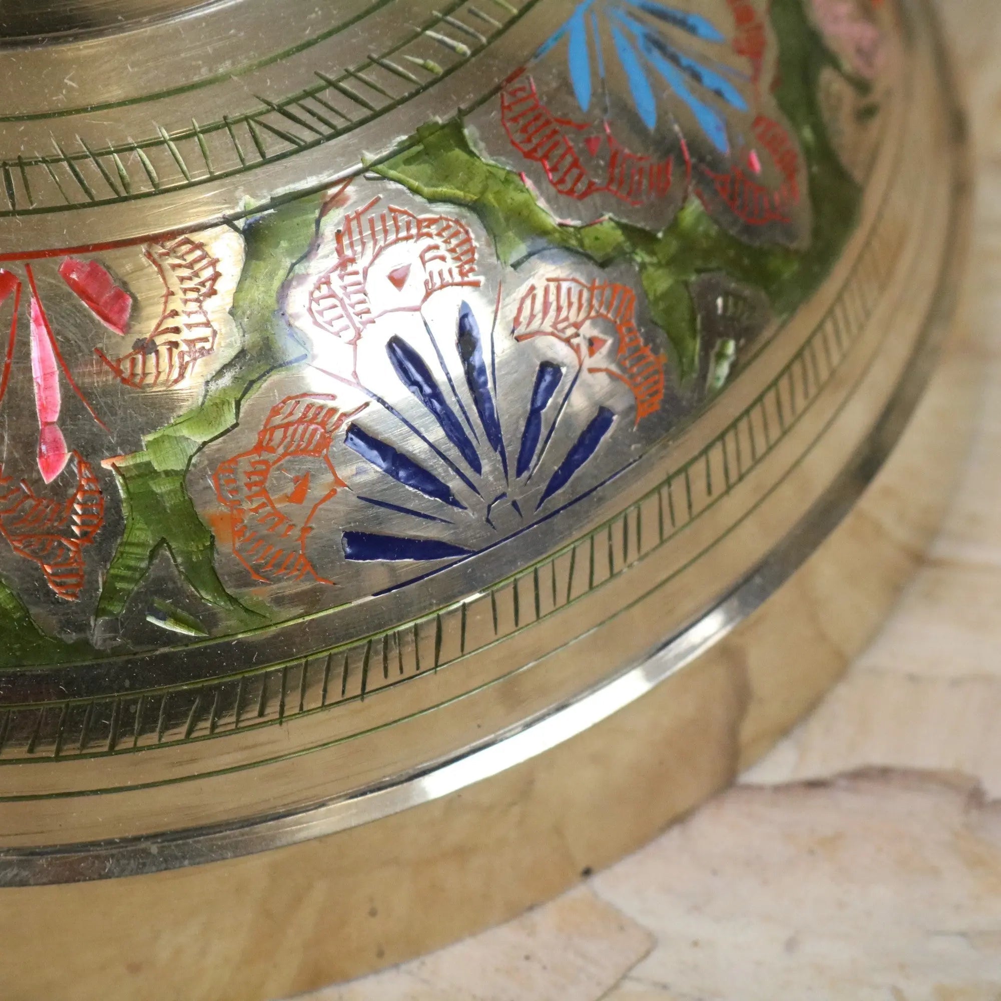 Vintage 92cm Hand Painted Brass Vase with Intricate Detailing in Pink and Green