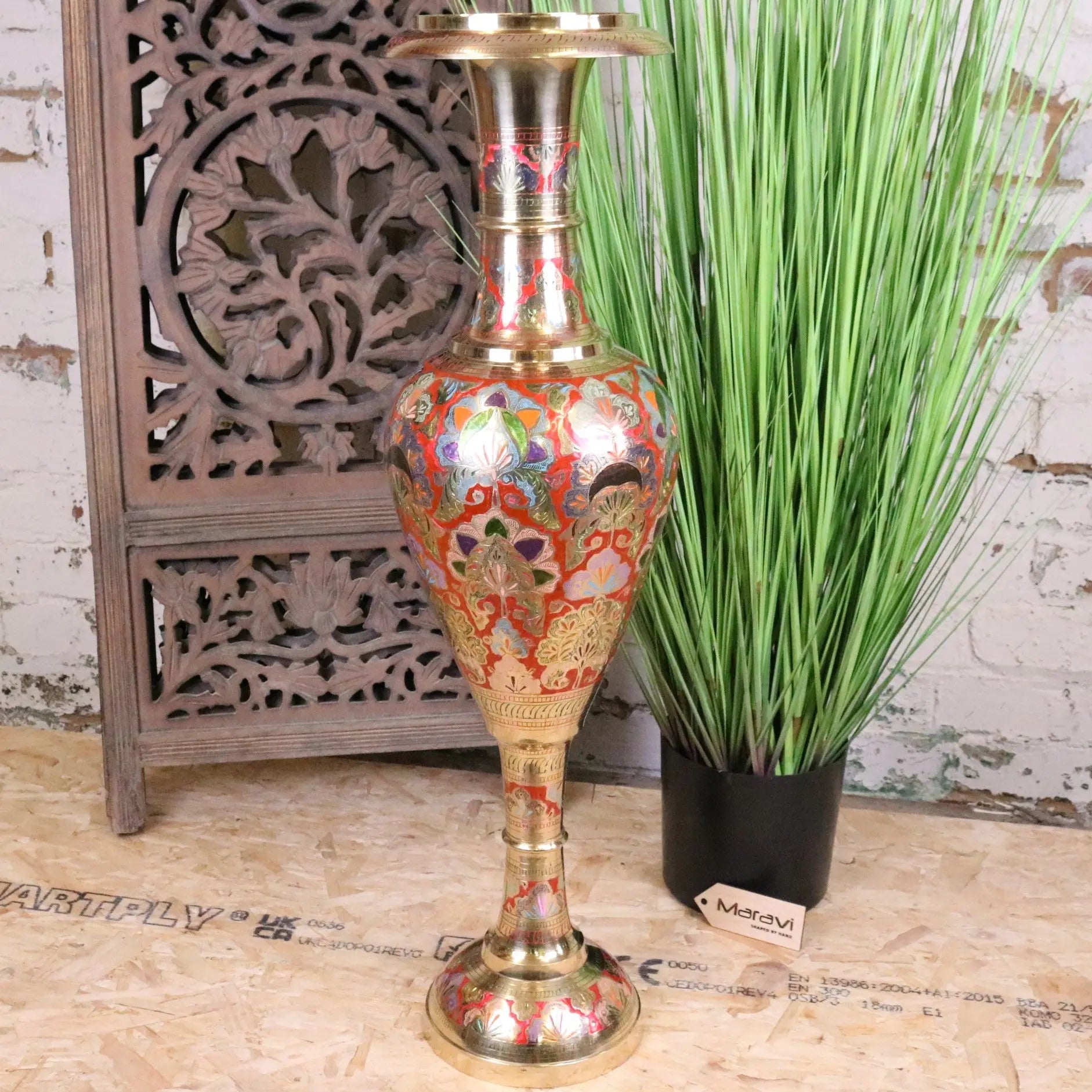 Vintage Brass Vase 92cm Large Hand Painted and Etched