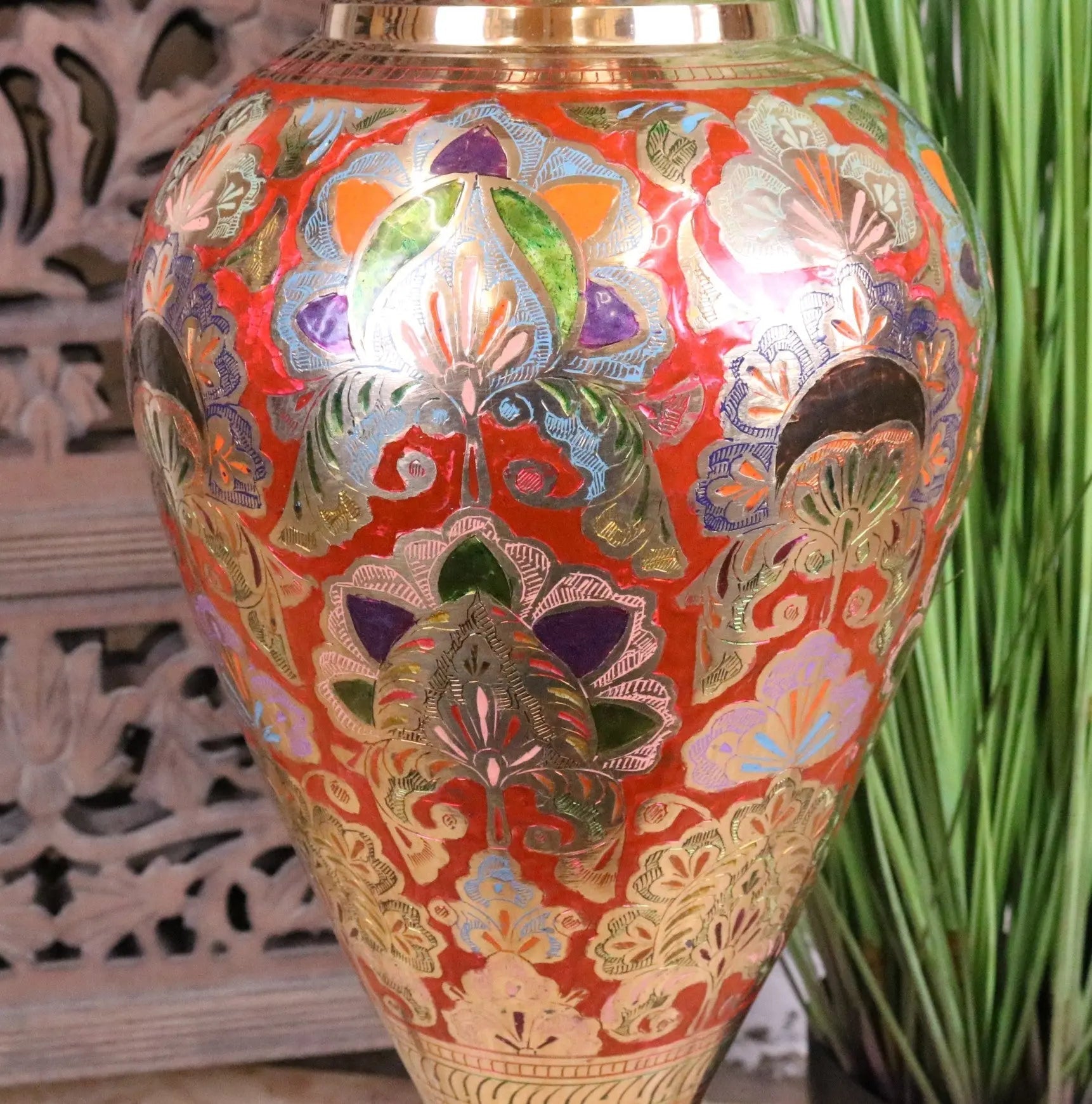 Vintage Brass Vase 92cm Large Hand Painted and Etched