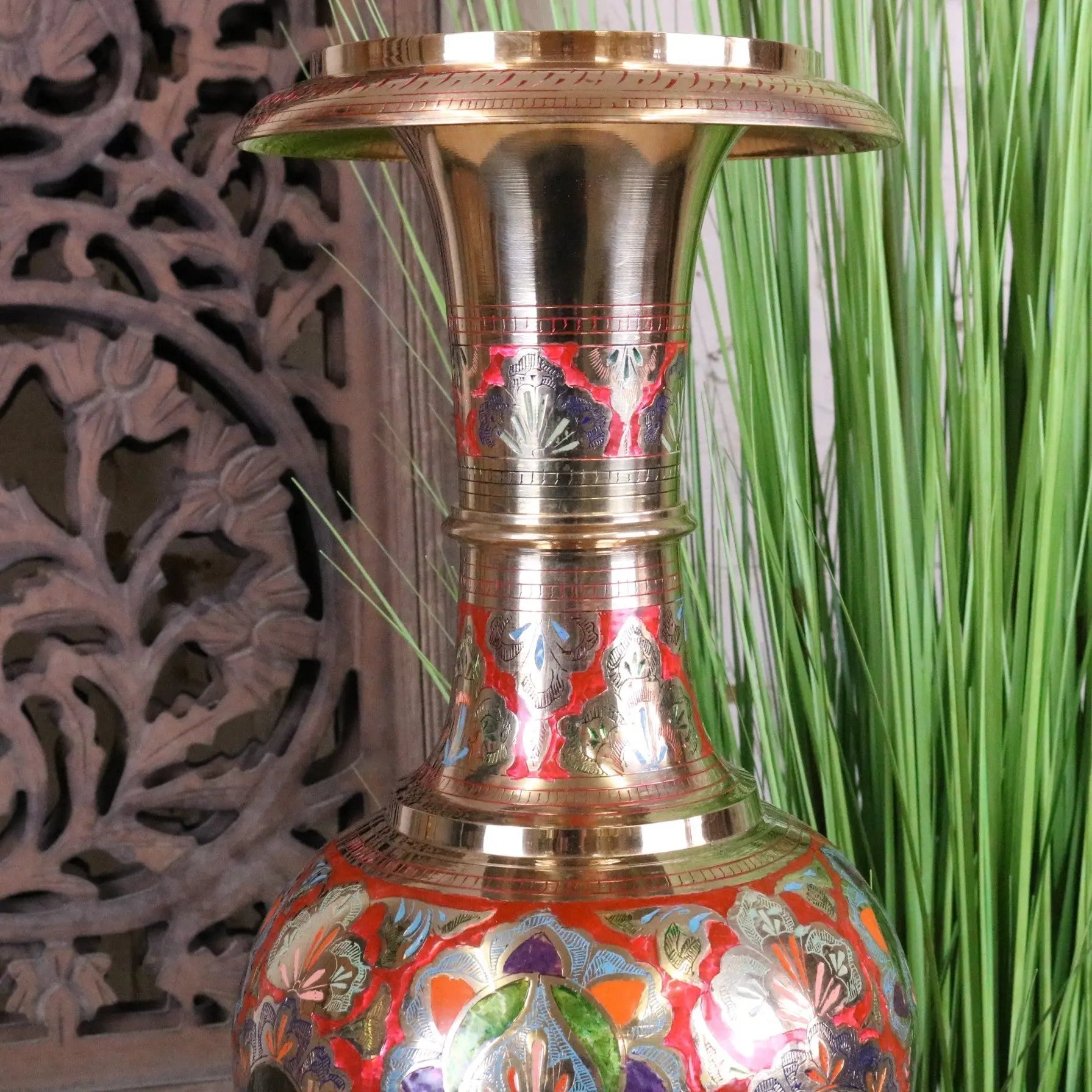 Vintage Brass Vase 92cm Large Hand Painted and Etched