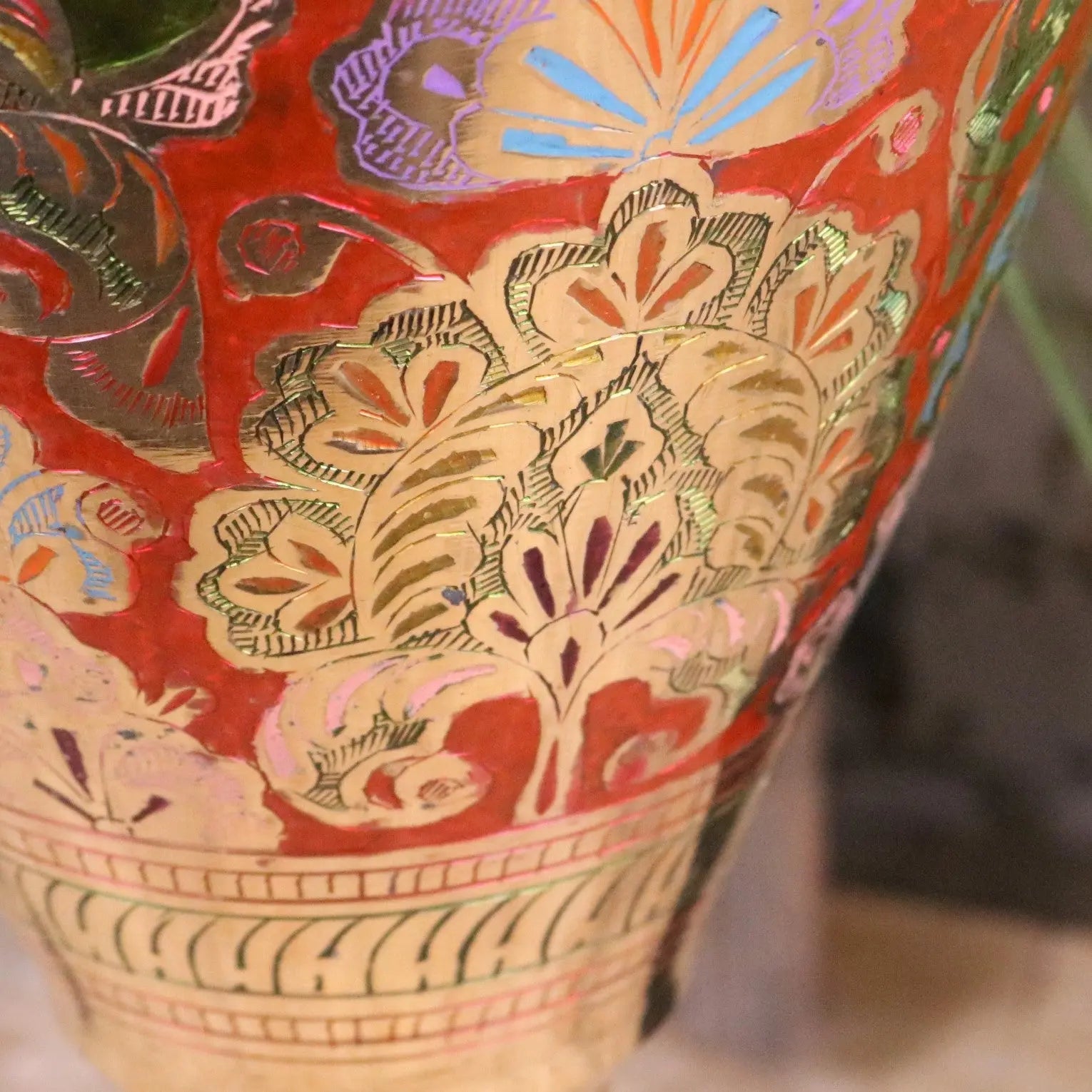 Vintage Brass Vase 92cm Large Hand Painted and Etched