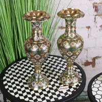Vintage Brass Vase Pair 38cm Hand Painted and Etched