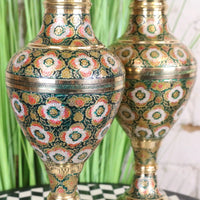 Vintage Brass Vase Pair 38cm Hand Painted and Etched