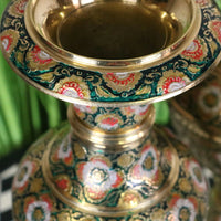 Vintage Brass Vase Pair 38cm Hand Painted and Etched