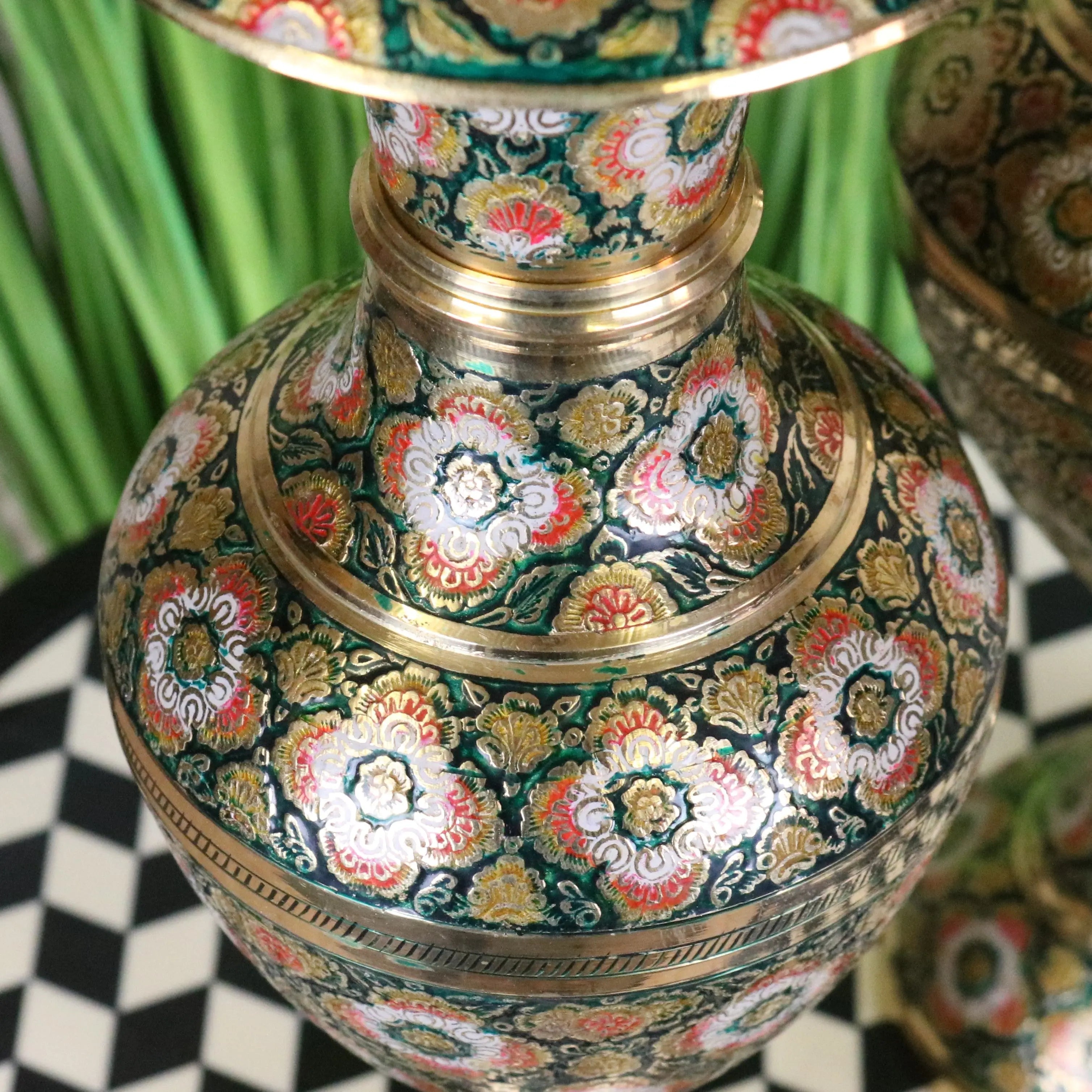 Vintage Brass Vase Pair 38cm Hand Painted and Etched