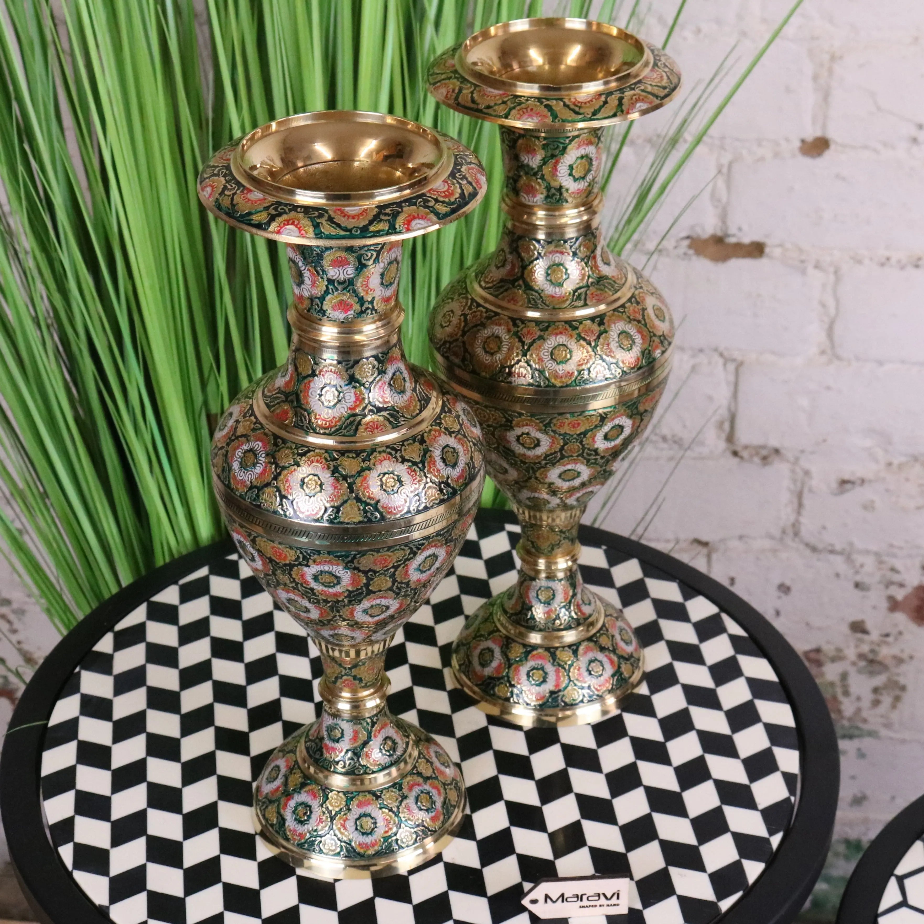 Vintage Brass Vase Pair 38cm Hand Painted and Etched