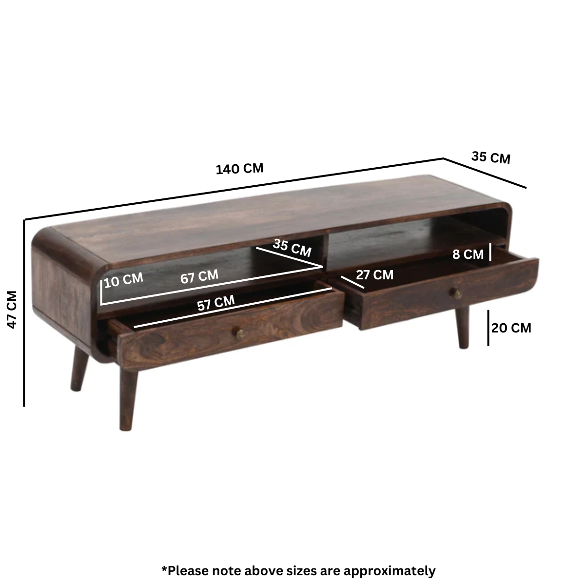Franklin Dark Mango Wood Large TV Stand with 2 Drawers