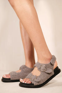 KYLEIGH TEDDY FUR SANDALS WITH 3 BUCKLE DETAILS IN GREY