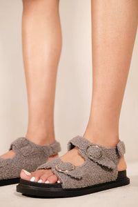 KYLEIGH TEDDY FUR SANDALS WITH 3 BUCKLE DETAILS IN GREY