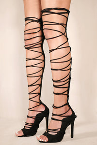 QUINN HIGH HEEL STILETTO WITH THIGH HIGH LACE UP IN BLACK SUEDE