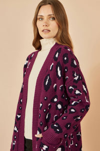 Yumi Burgundy Animal Intarsia Long Cardigan