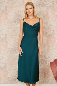 Yumi Green Satin Cowl Neck Midi Slip Dress