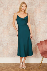 Yumi Green Satin Cowl Neck Midi Slip Dress