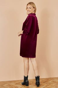 Yumi Burgundy Velvet Tunic Dress With 3/4 Sleeves