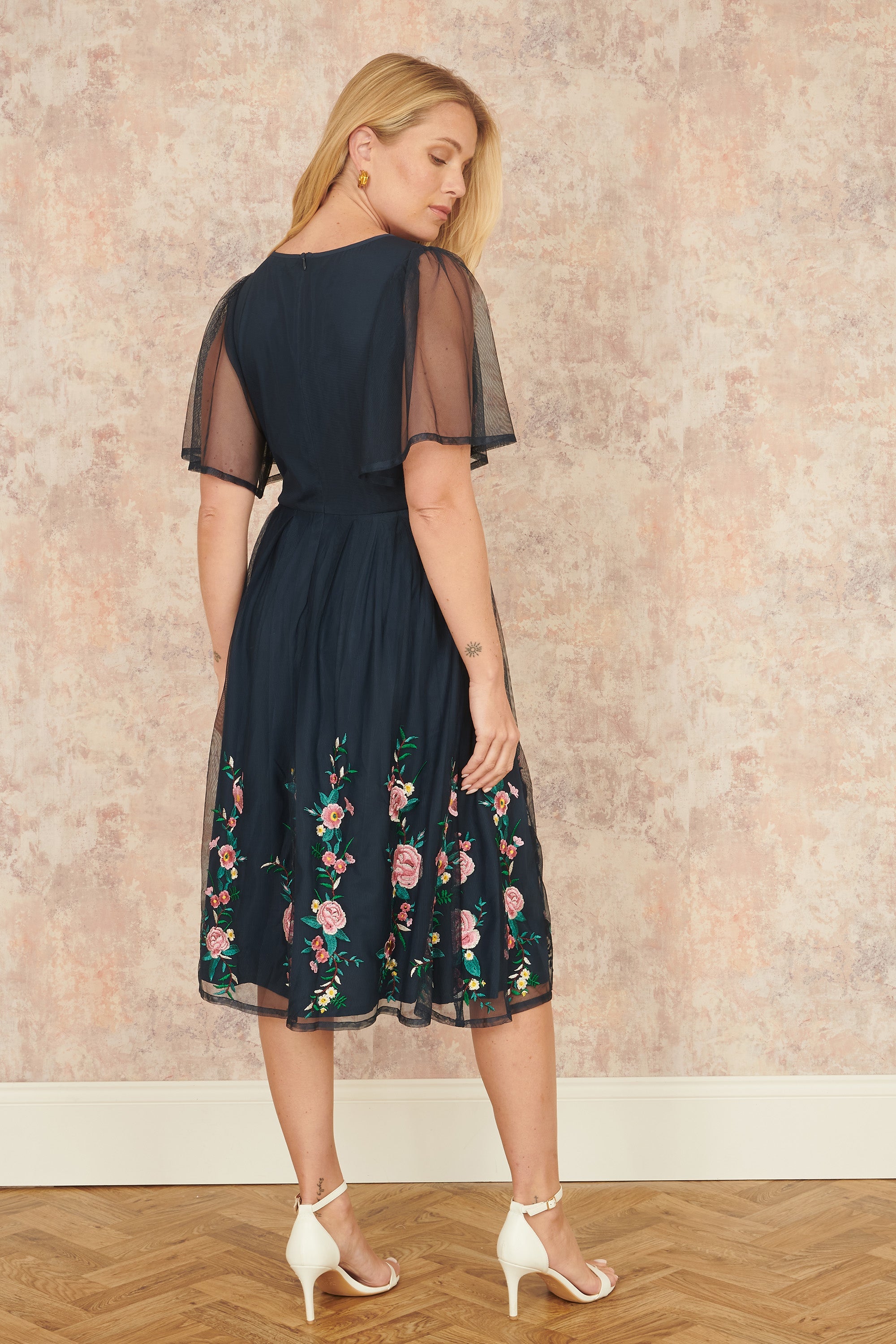 Yumi Navy Embroidered Sleeve Prom Skater Dress