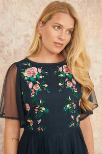 Yumi Navy Embroidered Sleeve Prom Skater Dress