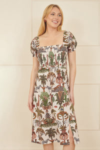 Yumi White Cotton Safari Print Ruched Midi Dress