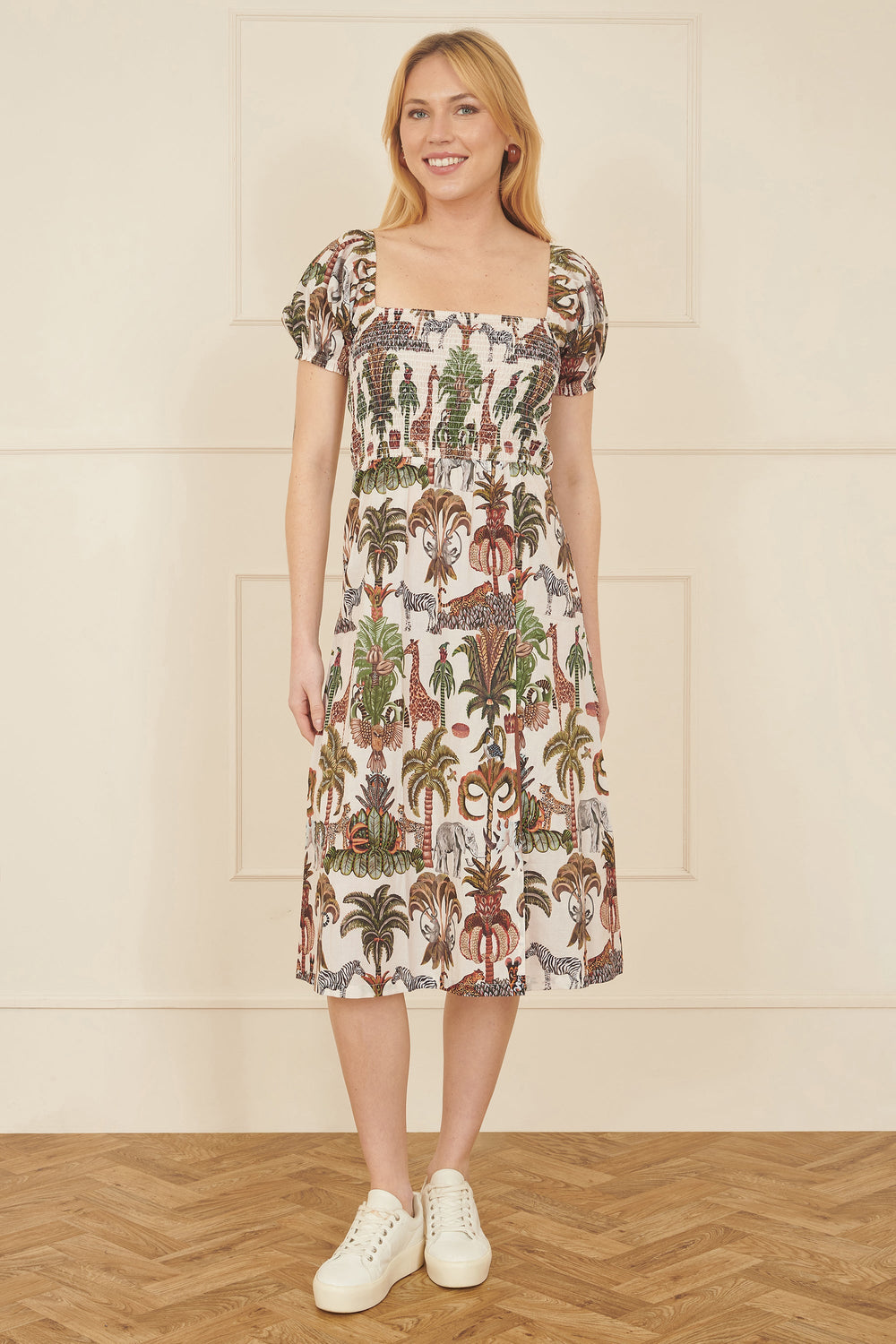 Yumi White Cotton Safari Print Ruched Midi Dress